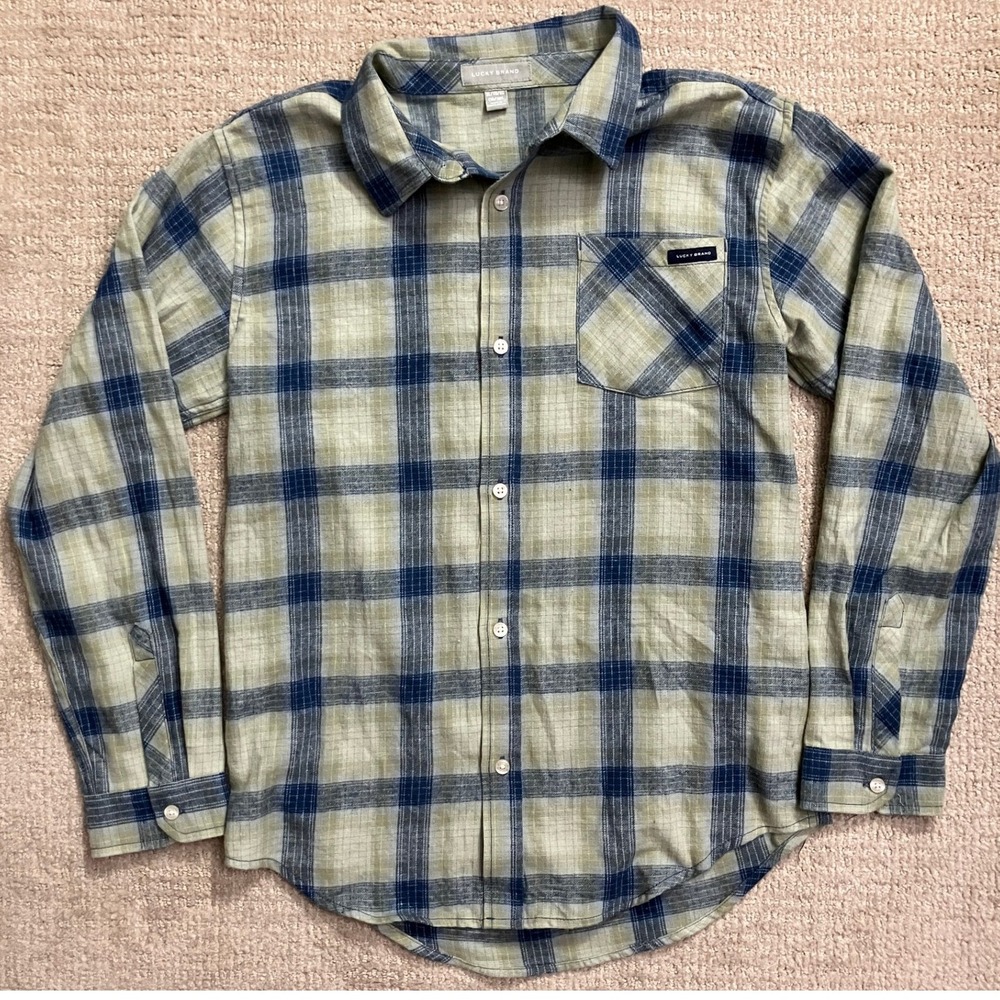 Lucky Brand Kids Blue and Tan Plaid Button Down Shirt
